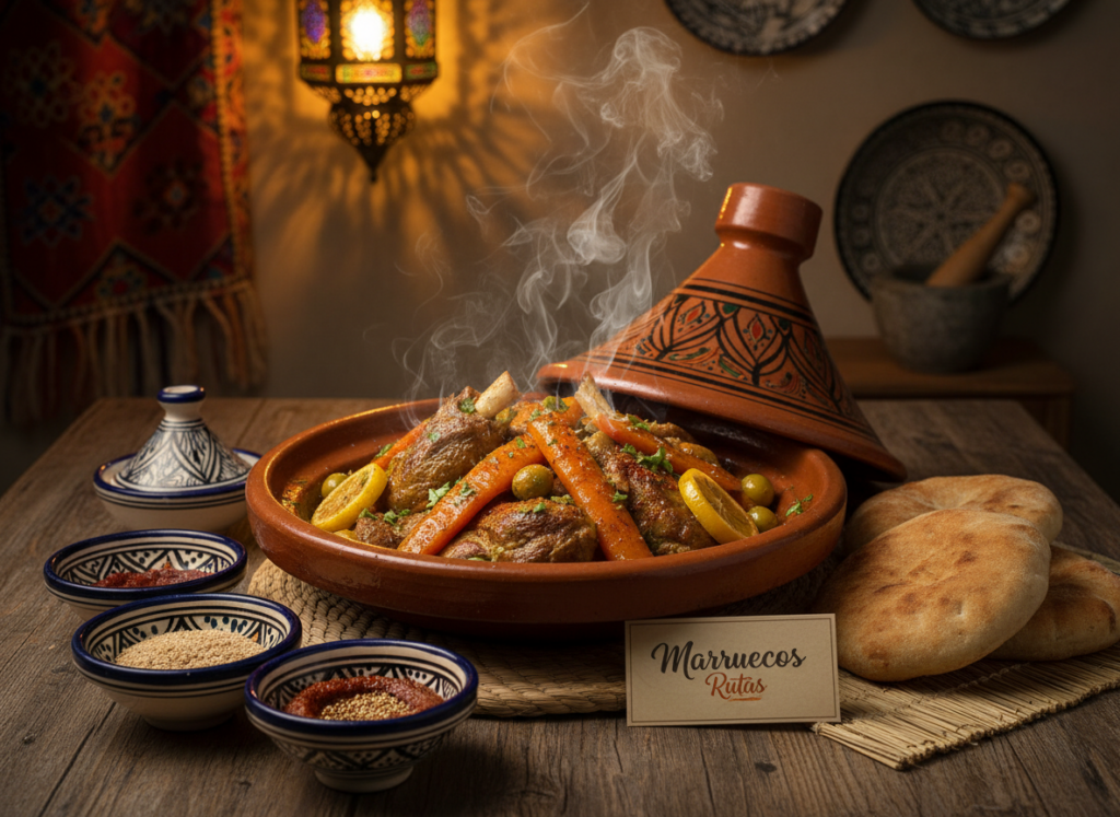 A beautifully presented traditional Moroccan lamb tajine, showcasing the vibrant colors and intricate details of the dish. In the foreground, the tajine pot is steaming, with tender pieces of lamb, rich spices, and colorful vegetables like carrots and olives glistening in a savory sauce. The middle layer features a rustic wooden table, adorned with delicate Moroccan ceramics and traditional bread rolls beside the tajine. In the background, subtle hints of a softly lit kitchen with Moroccan textiles and lanterns create a warm, inviting atmosphere. The lighting is warm and inviting, reminiscent of a cozy evening meal, captured from a slightly elevated angle to highlight the dish's depth. This scene embodies the essence of Moroccan cuisine, branded with "Marruecos Rutas" for authenticity.