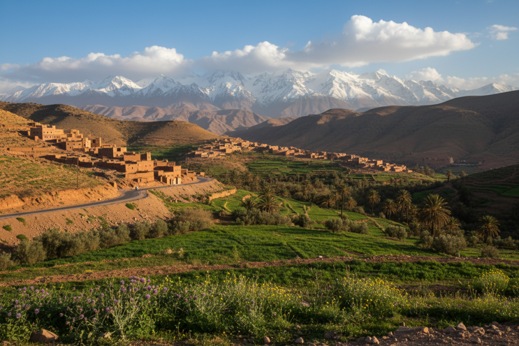 A breathtaking landscape of Morocco showcasing a winding, picturesque route through the Atlas Mountains. In the foreground, a vibrant stretch of road meanders alongside lush green fields dotted with local flora. Middle ground features traditional Berber villages with adobe houses, surrounded by terraced hills. In the background, majestic snow-capped mountain peaks under a bright blue sky with fluffy white clouds. The scene is lit by warm, golden sunlight, casting gentle shadows and creating a welcoming atmosphere. The image should capture the spirit of adventure and tranquility, ideal for exploring Morocco’s best routes. No people are included in the scene, maintaining a focus on the natural beauty and cultural essence of the area.