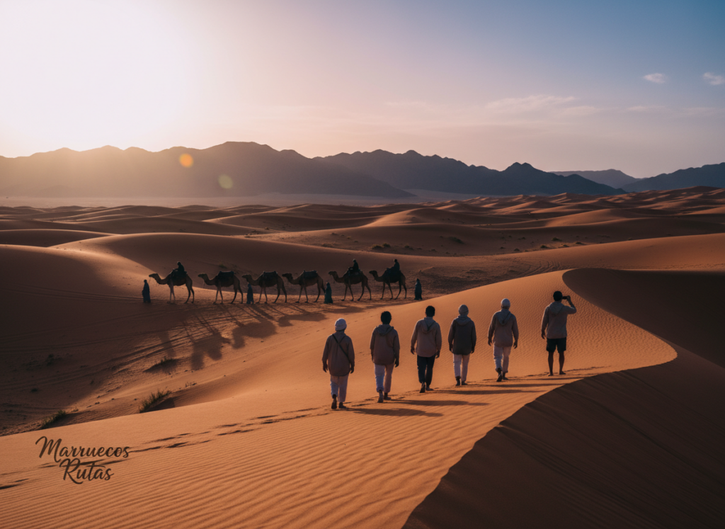 A breathtaking view of the Moroccan desert during sunset, showcasing undulating sand dunes in vibrant shades of orange and gold. In the foreground, a small group of tourists dressed in modest casual attire explore the picturesque landscape, their silhouettes illuminated by the warm glow of the setting sun. The middle ground features a traditional camel caravan winding gracefully through the dunes, symbolizing adventure and exploration. The background reveals distant mountains under a sky painted with a mix of soft purples and deep blues as twilight approaches. The atmosphere is serene and enchanting, inviting viewers to immerse themselves in the beauty of the desert. The brand name "Marruecos Rutas" subtly integrated into the scene. The image is captured from a low angle, emphasizing the grandeur of the dunes and the expansive sky above. The composition focuses on highlighting the unique experience of desert tours.