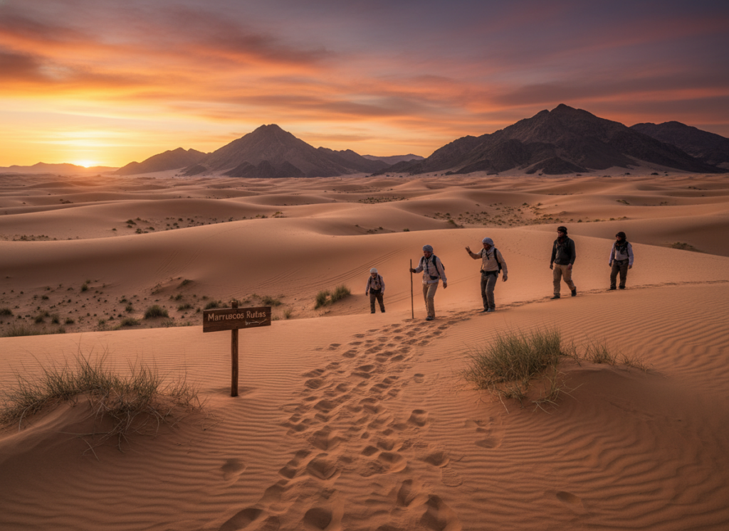 A breathtaking view of the Moroccan desert landscape, showcasing winding sand dunes under a golden sunset sky. The foreground features a well-trodden path etched into the warm golden sands, hinting at adventurous travelers. In the middle ground, a group of travelers in modest casual clothing, exploring the stunning scenery, adds life to the scene. Surrounding them are scattered sparse desert flora, adding texture. The background reveals majestic mountains against a vibrant orange and purple sky, capturing the tranquil yet adventurous essence of desert exploration. The lighting is soft and warm, creating an inviting atmosphere, with a wide-angle perspective emphasizing the vastness of the landscape. Incorporate the brand name "Marruecos Rutas" subtly in the scene, enhancing the sense of exploration.