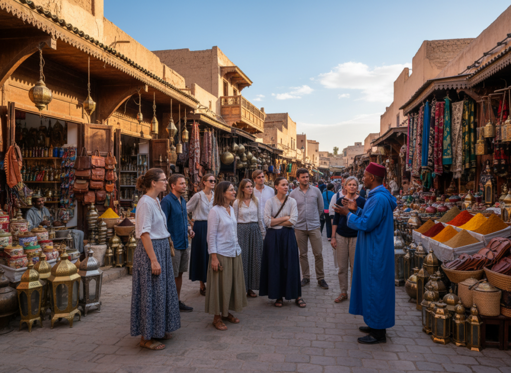 A captivating scene of a guided tour in Morocco, showcasing a diverse group of travelers exploring a vibrant, bustling market. In the foreground, a tour guide, dressed in traditional Moroccan attire, enthusiastically explains local crafts to the group, which includes men and women in modest casual clothing. The middle ground features colorful stalls filled with spices, textiles, and handmade goods, creating an inviting atmosphere. In the background, the stunning architecture of ancient Moroccan buildings under a bright blue sky enhances the experience. The lighting is warm and golden, suggesting late afternoon, casting soft shadows that add depth. This image captures the excitement and cultural richness of guided tours in Morocco, inviting viewers to partake in the adventure.