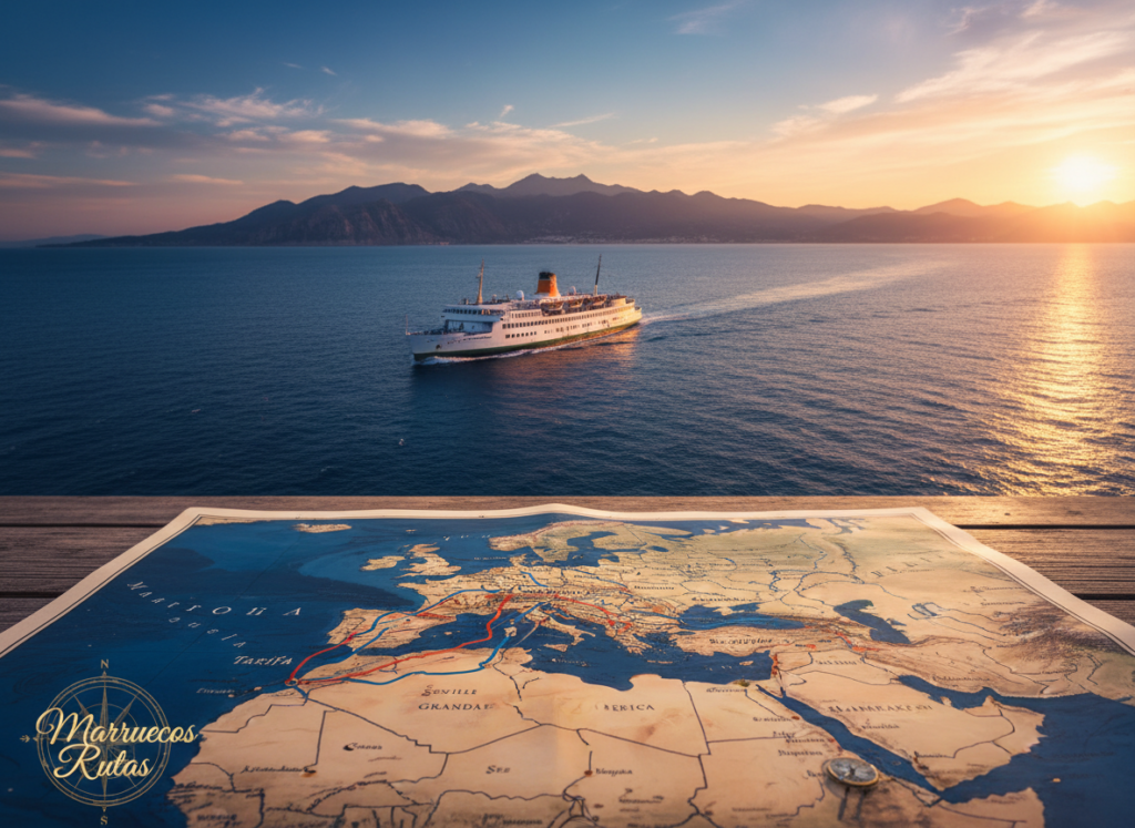 A picturesque landscape showcasing diverse itineraries from Spain to Morocco, with an emphasis on stunning travel routes. In the foreground, a beautifully detailed map highlighting major routes, vibrant colors, and labeled cities like Tarifa and Tangier. In the middle ground, a classic ferry sailing across the strait of Gibraltar under a clear blue sky, with light reflecting off the water. The background features the rugged silhouette of the Moroccan coastline and the Atlas Mountains under a dramatic sunset, casting warm hues across the scene. The atmosphere is inviting and adventurous, evoking wanderlust. Add the brand name "Marruecos Rutas" subtly integrated into the map design. The image should be warmly lit, capturing the essence of travel and exploration without any text overlays or watermarks.