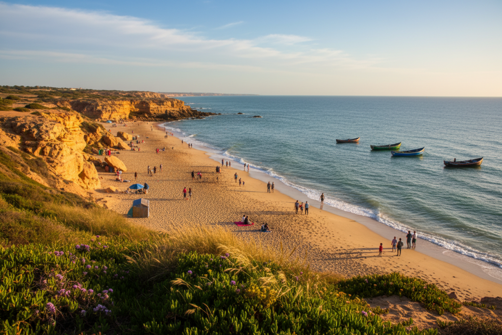 A picturesque view of the Moroccan Atlantic coast, featuring rugged cliffs and golden sandy beaches. In the foreground, vibrant coastal vegetation sways gently in the wind. The middle ground captures a tranquil beach with families enjoying a sunny day, some walking along the shoreline, dressed in modest beach attire. A few traditional Moroccan fishing boats gently bob in the water, adding a cultural touch. In the background, the endless expanse of the ocean meets a clear blue sky, with soft, fluffy clouds. The scene is filled with warm, golden sunlight creating a serene atmosphere, while the gentle waves lapping at the shore reflect the shimmering light. Use a slightly elevated angle to showcase the coastline's undulating curves and textures. The overall mood is inviting and peaceful, perfect for a relaxed coastal experience.