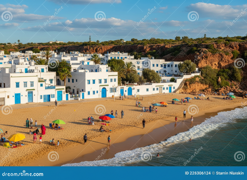 A picturesque view of the Moroccan coastline featuring vibrant sandy beaches and charming coastal villages. In the foreground, a beautiful beach with gentle waves lapping against the shore, dotted with colorful beach umbrellas and families enjoying the sun in modest casual clothing. In the midground, traditional whitewashed buildings with blue accents blend seamlessly into the landscape, displaying the unique architectural style of Moroccan coastal towns. The background showcases rugged cliffs and lush greenery under a bright blue sky with puffy white clouds, creating a serene atmosphere. Soft golden sunlight bathes the scene, enhancing the inviting ambiance. A slight panoramic angle captures the vast beauty of this enchanting coastal region.