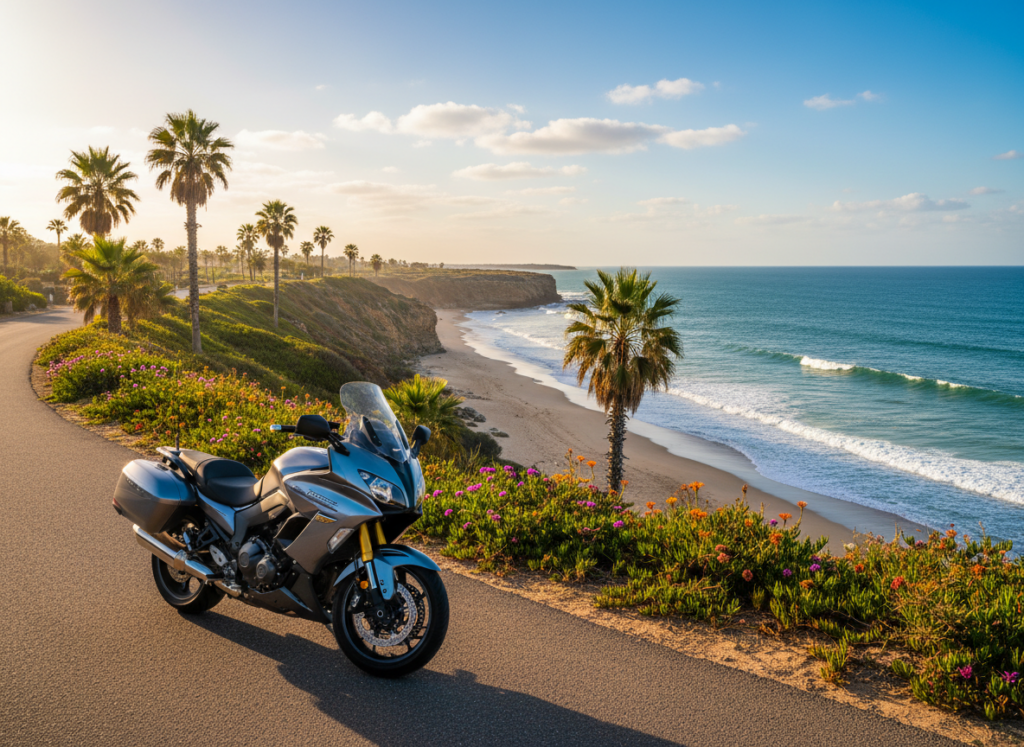 A scenic view of the Atlantic coast of Morocco, showcasing a winding motorcycle route lined with palm trees and vibrant coastal flora. In the foreground, a sleek, modern motorcycle is parked beside the road, glistening under bright, warm sunlight. The middle ground features a rugged cliffside dropping down to the pristine beach, with gentle waves lapping against the shore. In the background, a clear blue sky filled with fluffy white clouds enhances the tranquil atmosphere. The image is captured from a slightly elevated angle, highlighting both the motorcycle and the mesmerizing scenery. The warm, golden lighting creates an inviting mood, perfect for an adventurous ride along this stunning coastal route.