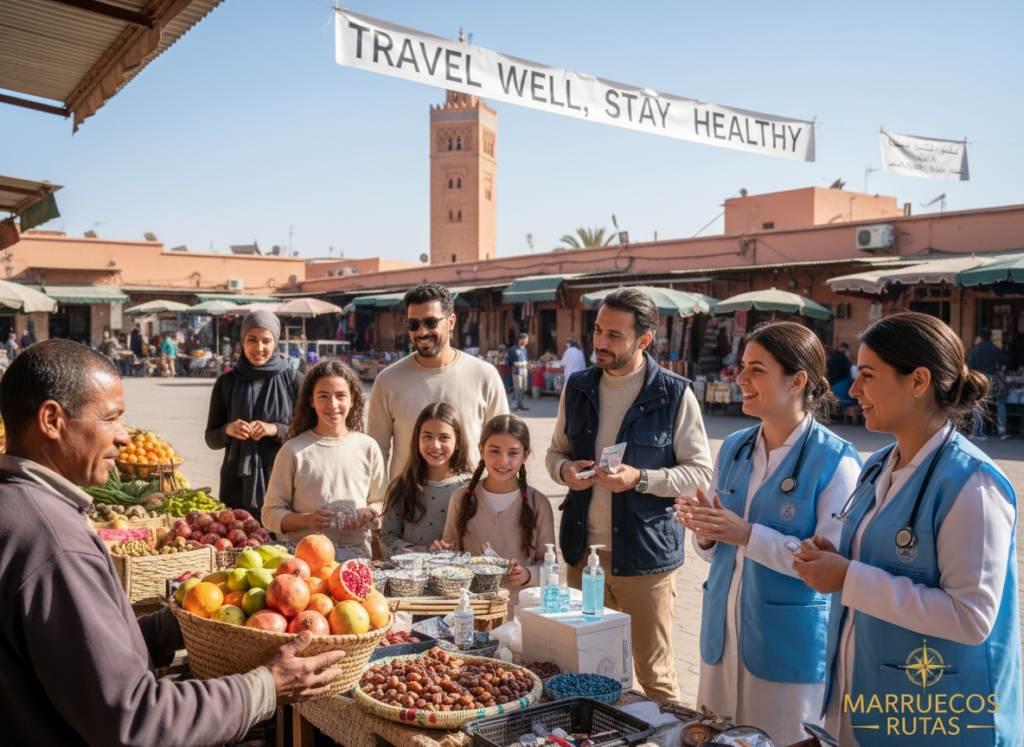 A serene and vibrant Moroccan landscape emphasizing safety and health for travelers, featuring a picturesque scene of a family dressed in modest casual clothing enjoying a sunny outdoor market in Marrakech. In the foreground, a friendly local vendor is offering fresh fruits, symbolizing health. In the middle ground, families can be seen interacting with medical professionals in the marketplace, showcasing health advice and safety tips. The background shows traditional Moroccan architecture under a clear blue sky, creating a warm and inviting atmosphere. Soft natural lighting highlights the colors of the market goods and the smiling faces of people engaged happily. The logo "Marruecos Rutas" subtly positioned in the corner, enhancing the travel theme without dominating the image.
