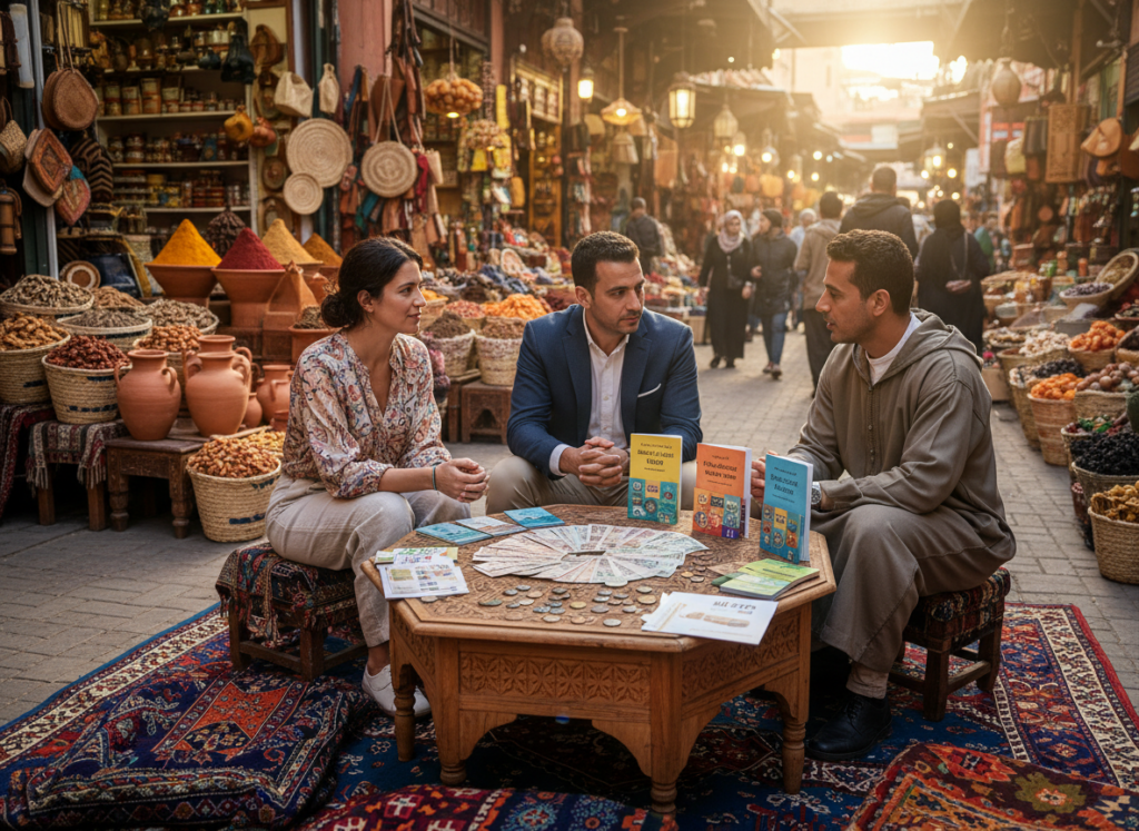 A traditional Moroccan market scene showcasing financial advice tips. In the foreground, a diverse group of three people—two men and one woman—engaged in a discussion, all dressed in smart casual attire. The middle ground features a vibrant display of Moroccan currency, coins, and colorful financial guides spread out on a wooden table surrounded by rich textiles. The background reveals bustling market stalls filled with spices, pottery, and local crafts, all under soft, warm lighting that creates an inviting atmosphere. The angle is slightly elevated, capturing the lively interaction and elements of Moroccan culture. The mood is friendly and insightful, perfect for conveying tips on managing money while traveling in Morocco.