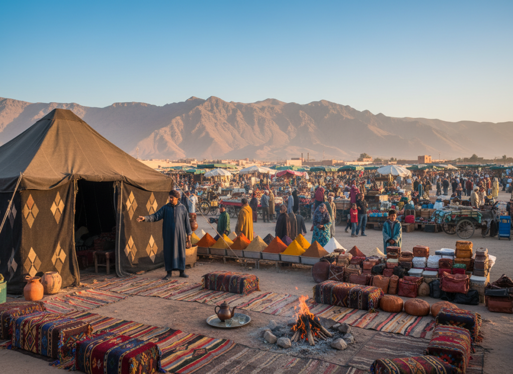 A vibrant Moroccan landscape showcasing a diverse array of key destinations. In the foreground, a traditional Berber tent with intricate patterns sits beside a warm, inviting campfire surrounded by colorful woven rugs. In the middle ground, depict a bustling market scene featuring various stalls filled with spices, textiles, and local handicrafts, with friendly vendors wearing modest, colorful attire engaging with visitors. The background should feature the stunning Atlas Mountains, their peaks kissed by soft, golden sunlight, with a clear blue sky. The atmosphere is lively yet serene, with warm, inviting lighting that emphasizes the rich colors and textures of the scene, captured from a slightly elevated angle for depth and perspective.