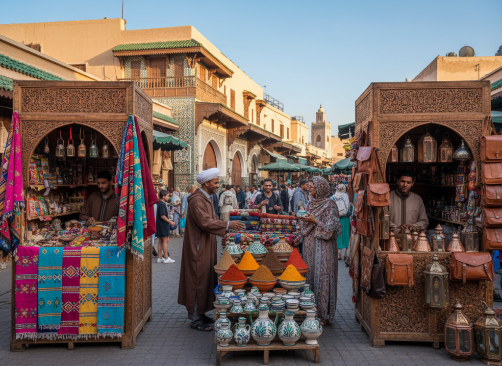 A vibrant Moroccan market scene, capturing the essence of authentic Moroccan culture. In the foreground, showcase a variety of colorful textiles, pottery, and spices laid out on intricate wooden stalls. Add a modestly dressed local vendor wearing traditional attire, engaging with a customer. In the middle ground, depict an array of bustling market-goers, including individuals of diverse backgrounds, all enjoying the lively atmosphere. The background should feature traditional Moroccan architecture with ornate tile work and archways under a clear blue sky, creating a sense of depth. The lighting is warm and inviting, emphasizing the rich colors and textures. This image should evoke a sense of cultural immersion and celebration, reflecting the magic of Morocco’s heritage.