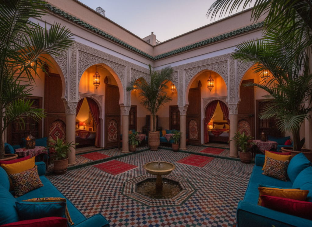 A vibrant Moroccan riad interior featuring a beautifully decorated courtyard with intricate tile work and lush greenery. In the foreground, traditional seating with colorful cushions invites relaxation, while a small, elegant fountain adds a serene soundscape. The middle ground showcases arched doorways leading to cozy guest rooms, adorned with handwoven textiles and ornate lanterns casting warm, ambient light. In the background, the sun begins to set, illuminating the scene with golden hues and creating a welcoming atmosphere. The lens captures this enchanting space at a slight angle, emphasizing the depth and richness of Moroccan design. Overall, the mood is tranquil and inviting, highlighting the charm and diversity in accommodation styles throughout Morocco.