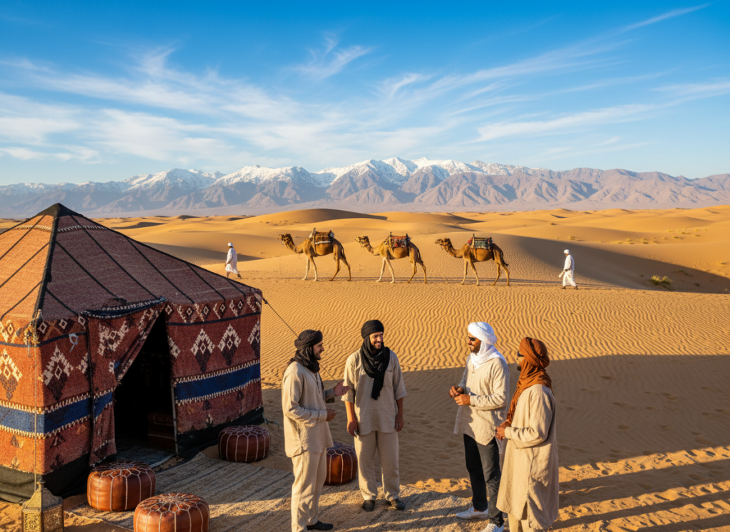 A vibrant and captivating scene showcasing the beauty of Morocco's excursions. In the foreground, a group of diverse travelers, dressed in modest casual clothing, are engaged in conversation near a traditional Berber tent adorned with colorful patterns. In the middle ground, rolling dunes of the Sahara are visible, with camels leisurely traversing the sandy landscape. To the background, the majestic Atlas Mountains rise under a clear blue sky, with fluffy clouds casting soft shadows on the terrain. Golden sunlight bathes the scene, creating a warm and inviting atmosphere, with a wide-angle lens perspective that enhances the depth of the image, inviting viewers to explore this magical country.