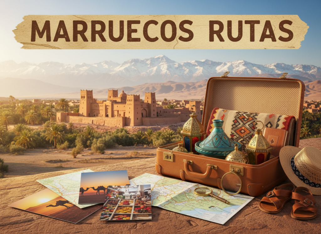 A vibrant and inviting travel package scene featuring "Marruecos rutas". In the foreground, a beautifully arranged array of Moroccan travel brochures and maps, showcasing picturesque destinations like the Sahara Desert and Marrakech. In the middle ground, an elegant suitcase is partially open, revealing traditional Moroccan souvenirs like colorful ceramics and intricate lanterns. The background features a stunning Moroccan landscape, including the Atlas Mountains under a clear blue sky, with a touch of traditional architecture. Soft, warm lighting casts a pleasant glow, enhancing the atmosphere of adventure and wanderlust. The overall mood is inviting and inspiring, perfect for travelers planning their trips from Mexico to Morocco.
