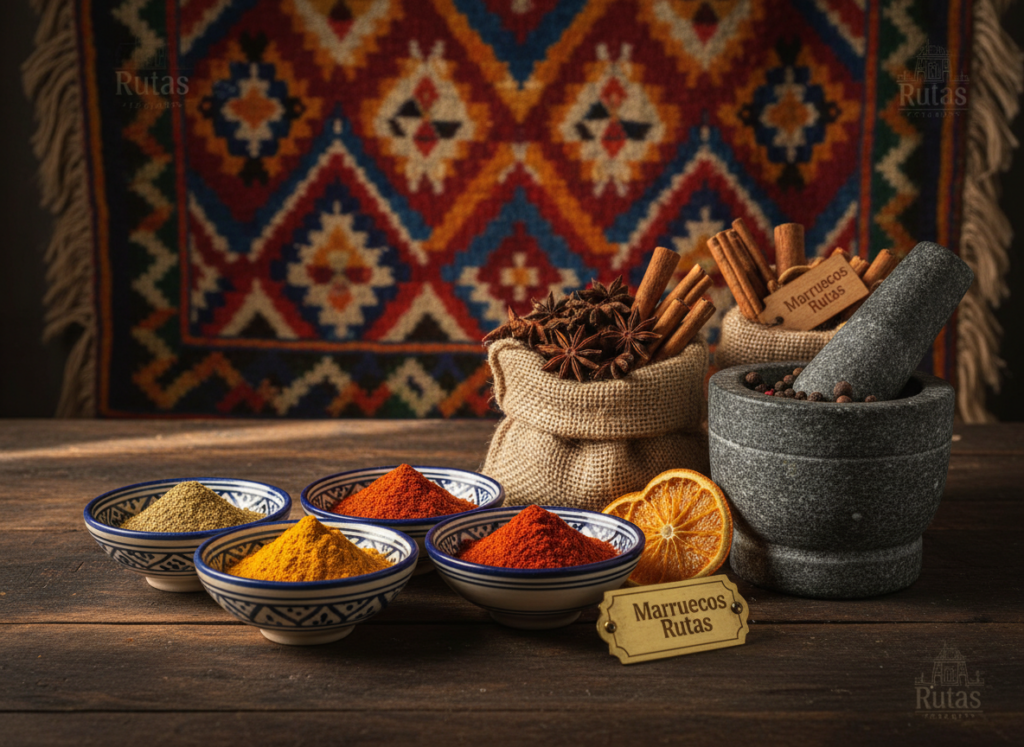 A vibrant arrangement of Moroccan spices elegantly displayed on a traditional wooden table. In the foreground, an array of colorful spices such as saffron, cumin, paprika, and turmeric is presented in small, ornate bowls crafted from ceramic. In the middle, there are burlap sacks filled with various whole spices, and a mortar and pestle situated nearby, suggesting the art of grinding them fresh. The background features a richly textured tapestry adorned with geometric designs that reflect Moroccan culture. Warm, ambient lighting creates a cozy atmosphere, highlighting the rich colors and textures of the spices. The image evokes a sense of warmth and tradition, emphasizing the deep culinary heritage of Morocco. Include the brand name "Marruecos Rutas" subtly integrated into the design elements.