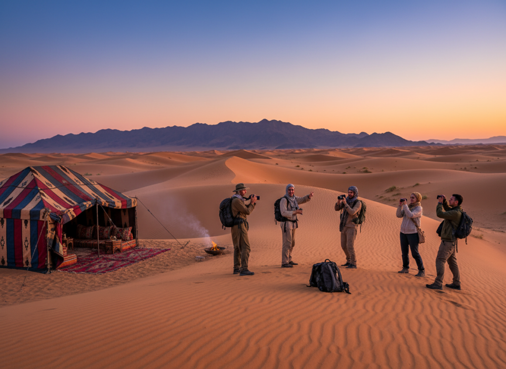A vibrant desert landscape of Morocco during the golden hour, showcasing a stunning vista of rolling sand dunes and a clear blue sky transitioning to warm hues of orange and pink. In the foreground, a small group of culturally-dressed tourists, wearing comfortable yet modest clothing, are exploring the area and taking pictures, capturing the essence of adventure. The middle ground features a traditional Berber tent set up, with intricate patterns and colors, inviting travelers to experience the local culture. In the background, distant mountains rise majestically against the horizon, casting gentle shadows. The atmosphere feels warm and inviting, exuding a sense of tranquility and wonder, emphasizing the beauty of Morocco as a travel destination during the ideal climate.