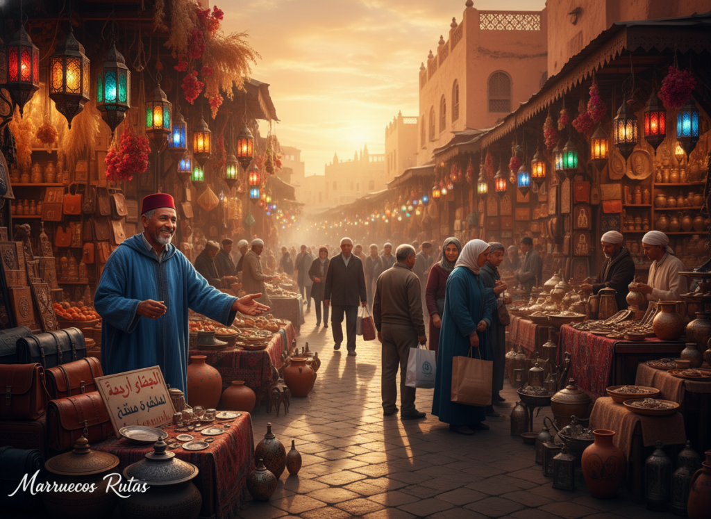 A vibrant marketplace scene in Morocco bustling with activity, showcasing a variety of colorful traditional handicrafts and decorative items. In the foreground, a friendly salesperson, dressed in modest, colorful attire, gestures invitingly to customers exploring the year-end offers. The middle ground features stalls adorned with festive decorations, including lanterns and textiles, creating a festive ambiance. In the background, ancient Moroccan architecture is visible, bathed in warm, golden sunset light, enhancing the inviting atmosphere. The scene is filled with a sense of celebration and excitement for year-end promotions. Capture the essence of "Marruecos Rutas" with a rich color palette, ensuring the image conveys the joy of shopping and discovering exclusive deals during the festive season.