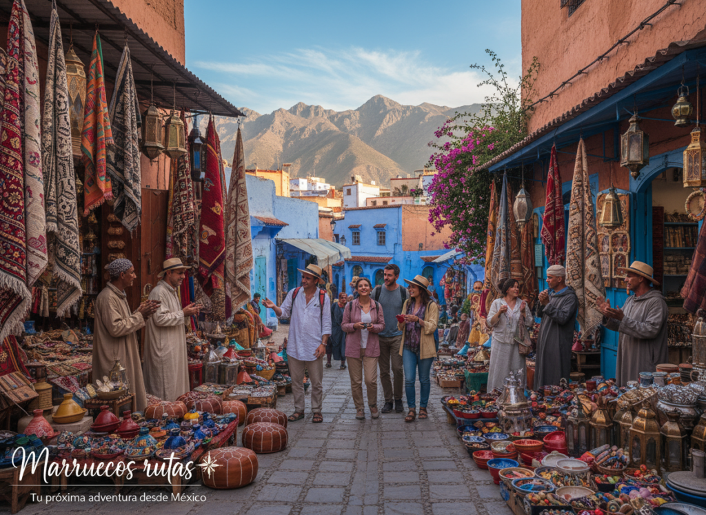 A vibrant travel scene showcasing the essence of Morocco as a destination, featuring an intricate Moroccan market with colorful textiles and handcrafted goods in the foreground. A group of diverse travelers in modest casual clothing is engaged in exploring the stalls, their expressions filled with wonder and excitement. In the middle ground, a mesmerizing view of the iconic blue streets of Chefchaouen, framed by terracotta buildings, leads towards the majestic Atlas Mountains in the background, under a clear blue sky with soft clouds. The lighting is warm and inviting, reminiscent of late afternoon, casting gentle shadows that enhance the rich colors. This image embodies the spirit of adventure and discovery associated with "Marruecos rutas," emphasizing the must-see destinations for travelers from Mexico.