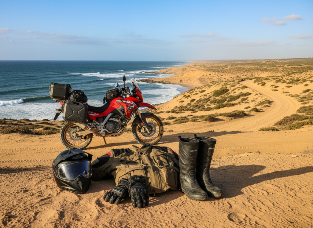 A well-equipped motorcycle standing on a sandy coastal road in Morocco, surrounded by stunning views of the Atlantic Ocean. In the foreground, show essential motorcycle gear: a sturdy helmet, a durable jacket, high-quality gloves, and rugged boots. In the middle ground, a vibrant red motorcycle is parked, with a scenic backdrop of rolling hills and the ocean waves crashing against the shore. In the background, a clear blue sky enhances the atmosphere of adventure. The lighting is warm and sunny, casting soft shadows that suggest a mid-afternoon ambiance. Capture the spirit of exploration and freedom associated with a motorcycle journey through Morocco, evoking excitement and wanderlust.