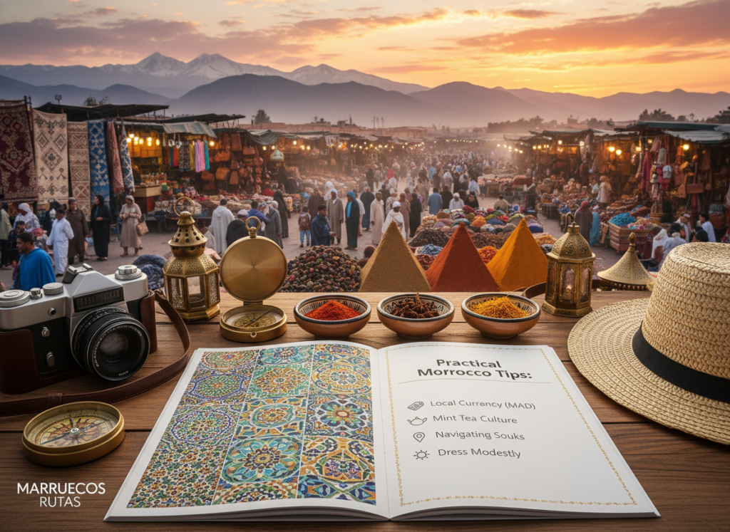 Create a vibrant and inviting image that encapsulates practical travel tips for visiting Morocco. In the foreground, depict a well-organized travel guide open to colorful pages showcasing Moroccan culture, traditional patterns, and essential tips. Include items like a compass, a camera, and local spices arranged artfully around the guide. In the middle ground, illustrate a captivating scene of a bustling Moroccan market, featuring stalls filled with intricate handicrafts, spices, and textiles, emphasizing the rich culture. In the background, showcase the stunning Moroccan landscape, with the Atlas Mountains and a sunset sky painted in hues of orange and pink. The overall mood should be warm and welcoming, inspiring wanderlust. Include the brand name "Marruecos Rutas" subtly integrated into the scene. Use soft lighting and a slightly elevated angle to create depth and contrast.